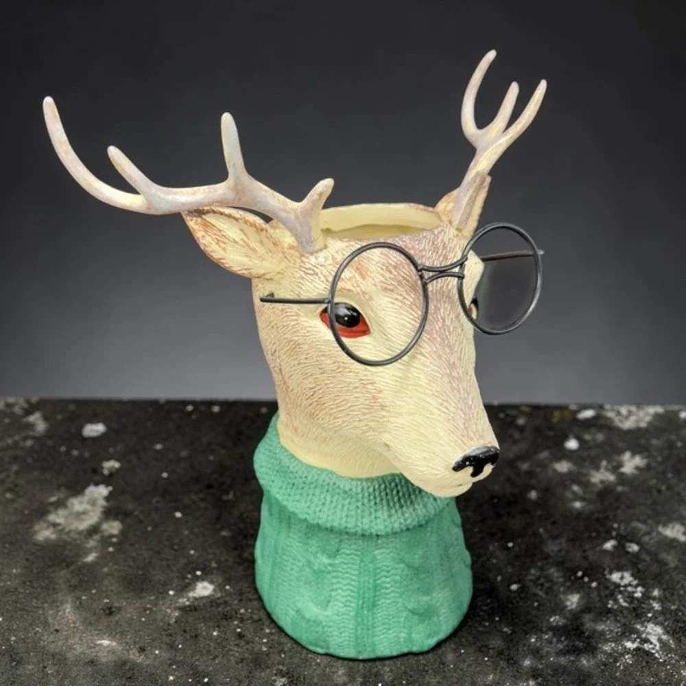 Ashland Deer Head Vase Vessel Decorative Container Glasses Green Sweater‎ Resin